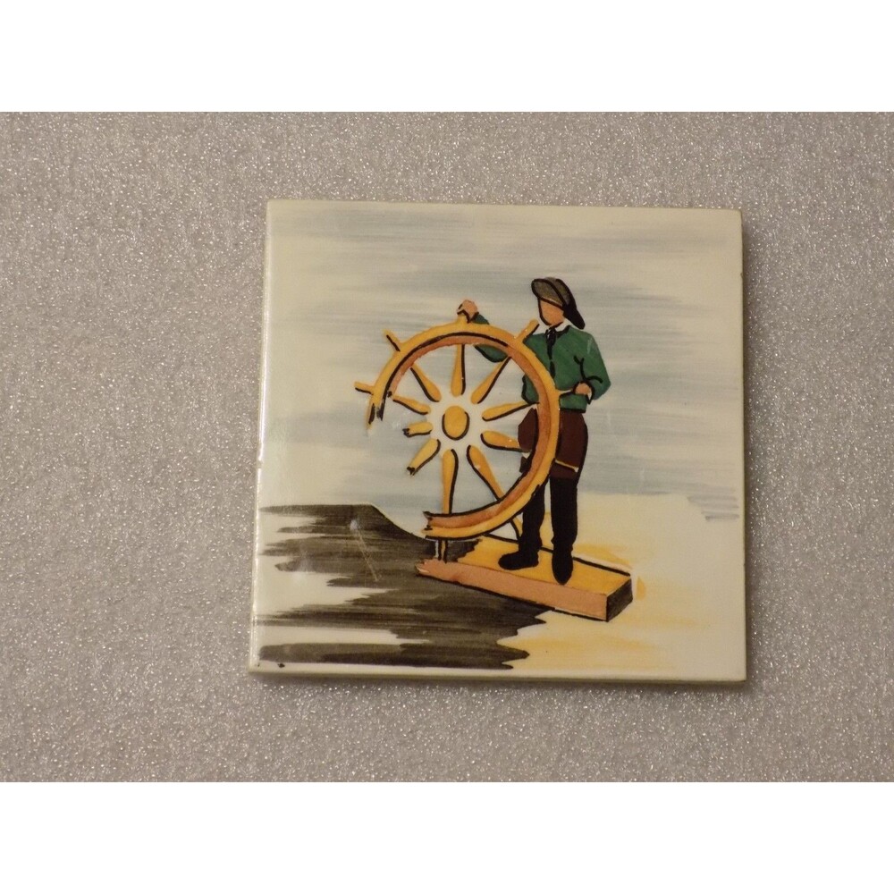Aleluia Aveiro Portugal Tile Painted Ceramic Porcelain Ship Sailor Vtg 4"